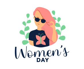 Womens day design. The portrait girl and lettering phrase