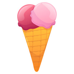 Ice cream balls in the waffle cone isolated on white background. Vector flat cartoon illustration. Tasty summer dessert. Pink Valentine's day sweets
