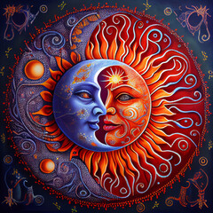 Sun and moon esoteric illustration colorful psychedelic abstract