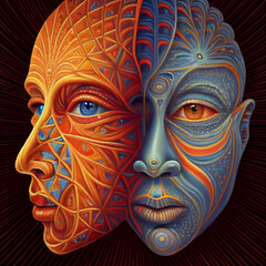 Abstract portrait with two heads, duality, autoscopy, trippy
