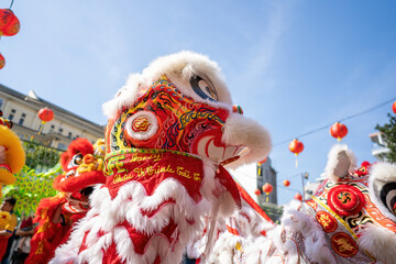 Dragon and lion dance show in chinese new year festival (Tet festival ), lion Dance - dragon and...