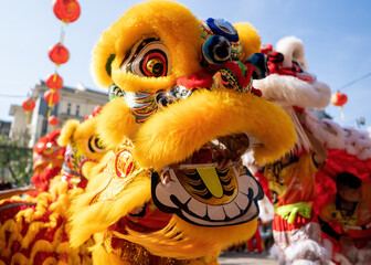 Dragon and lion dance show in chinese new year festival (Tet festival ), lion Dance - dragon and lion dance street performances in Vietnam. Selective focus.