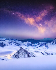 Fototapeta na wymiar Vast snow-capped mountain landscape with starry sky at night, generative ai illustration