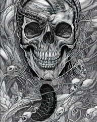 Spooky human skeleton skull, generative ai monochromatic line art illustration