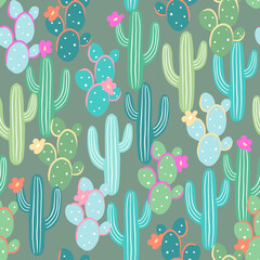 Cute cartoon cactuses, seamless pattern with vector hand drawn illustrations