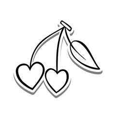 Doodle Line Cherry Hearts on white silhouette and gray shadow. Vector illustration Valentine Theme for decoration or any design.