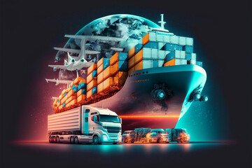 Transportation and logistic network distribution growth. Container cargo ship and trucks of industrial freight for shipping. Business logistic import export and transport industry. Global business - obrazy, fototapety, plakaty