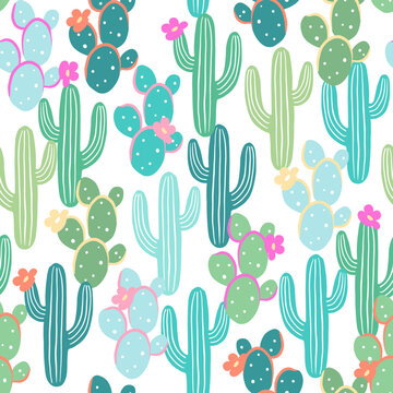 Cute cartoon cactuses, seamless pattern with vector hand drawn illustrations
