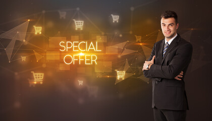 Businessman thinking about shopping concept