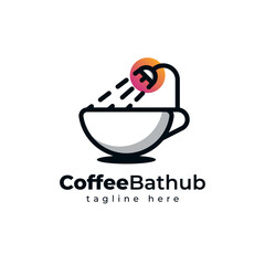 Coffee bathtub logo icon. Minimal line coffee cup and shower bath creative design concept.