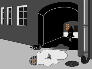 A man in a hat and a raincoat is walking in a doorway. Drawing on a black background.