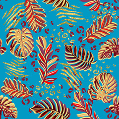 Fototapeta na wymiar Tropical leaves with golden glitter effects. Seamless vector pattern with hand drawn illustrations 