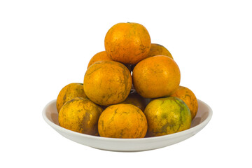 Tangerines on a white plate isolated on white background, Thai orange , Asian orange, Thai fruit, Thai traditional fruit.