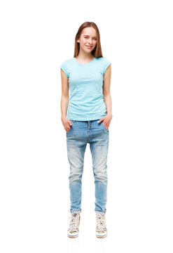 Full length portrait of young girl isolated on white.