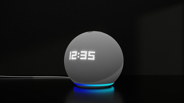 Voice controlled speaker with activated voice recognition, on dark neon background. 3d render illustration