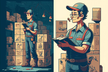 Illustration cartoon style of warehouse worker at work - AI generative