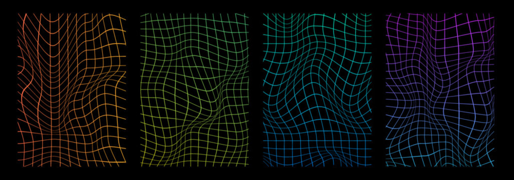 Distorted neon grid pattern. Abstract glitch background. Set collection. Retrowave, synthwave, rave, vaporwave. Blue, black, pink purple colors. Trendy retro 1980s, 90s style. Print, poster, banner.