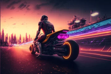 Foto op Plexiglas anti-reflex Speedway with riding Futuristic sport motorcycle  in a night city,cyberpunk motorcycle background    ,generative AI   © dhiyaeddine