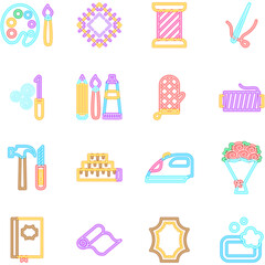 Handicraft Neon Icons Set. Illustration of Handmade Object. Glowing Art.