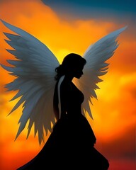 silhouette of angel girl with big white wings Early morning, Sunrise. Ai generated.
