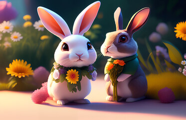 rabbit in a blooming garden with a bouquet in their hands, holiday greeting card, love concept. Ai generated.