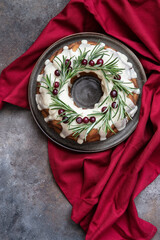Christmas   fruit cake with several ingredients. Top view with copy space