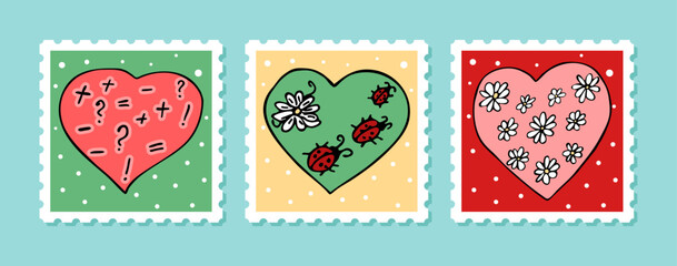 Vector Valentine's doodle stamps with white frame. Hand drawn hearts with flowers and symbols in postal marks collection