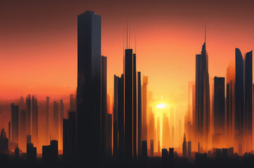 Fototapeta na wymiar Generative AI panoramic view painting, silhouette of modern skyscrapers buildings at sunset