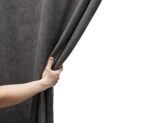 The woman's hand open gray curtain on a transparent background