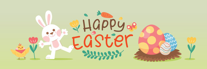 Easter Day Greeting Card With White Rabbit, Chick And Easter Eggs, Vector, Illustration