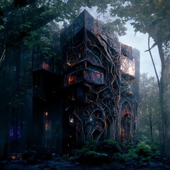 Fototapeta na wymiar Abstract fantasy building design void arcanist forest. generative ai
