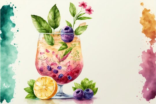 Cold fruit drink with blueberries decorated with flowers and foliage. Colorful illustration in a watercolor style on a light background.AI generated.