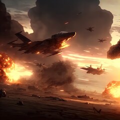 Aerial dogfight between fighter planes. Action scene. Made with Generative AI.	