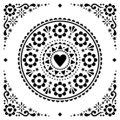 Scandinavian folk vector mandala pattern with heart and flowers in black on white background - Valentine's Day greeting card or wedding invitation design
