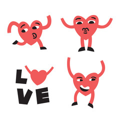 Set of vector stickers for holiday. Valentine's Day. Cute cartoon character. Anthropomorphic heart with arms and legs. Text Love. Hug. Embrace. Adult store mascot. Greeting card for a lover. Handdrawn