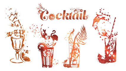 Set of cocktail glasses - Cocktail bar menu. Vector elements for restaurant and cafe. Design template with different colorful cocktails.