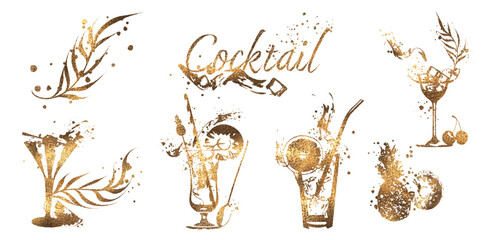 Set of cocktail glasses - Cocktail bar menu. Vector elements for restaurant and cafe. Design template with different colorful cocktails.