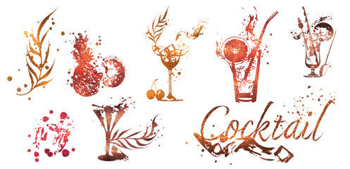 Set of cocktail glasses - Cocktail bar menu. Vector elements for restaurant and cafe. Design template with different colorful cocktails.