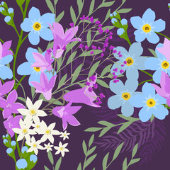 Seamless pattern of forget-me-nots and bluebells on a dark background. Vector illustration