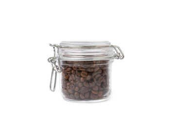 Coffee beans in glass jar isolated on white background.