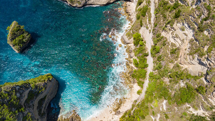 Aerial view to rocky coast near Diamond beach. Nusa Penida, Bali, Indonesia