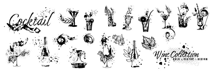 Vector hand drawn template illustration of wine, bottle, glass and cocktail. Art for menu, shop, market or sale. With wine splashes - colorful. Sketchy collection of grape leaves and bottles.