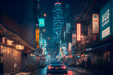 Fototapeta na wymiar Retro futuristic Tokyo by night, hand drawn illustration Generative AI
