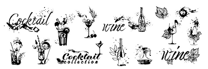 Vector hand drawn template illustration of wine, bottle, glass and cocktail. Art for menu, shop, market or sale. With wine splashes - colorful. Sketchy collection of grape leaves and bottles.
