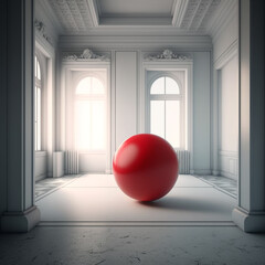 White empty room, nobody, a large red ball in the room. Generative AI