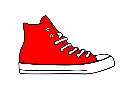 Red sports sneakers with white laces isolated on white background. Vector illustration of the sneackers.