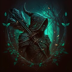 archer warrior in the scary forest - obrazy, fototapety, plakaty