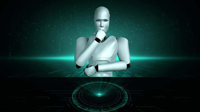 Futuristic robot artificial intelligence huminoid AI programming coding technology development and machine learning concept. Robotic bionic science research for future of human life. 3D rendering.