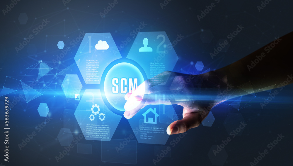 Poster hand touching digital button concept