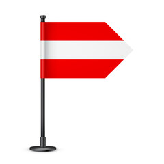 Realistic Austrian table flag on a black steel pole. Souvenir from Austria. Desk flag made of paper or fabric and shiny metal stand. Mockup for promotion and advertising. Vector illustration